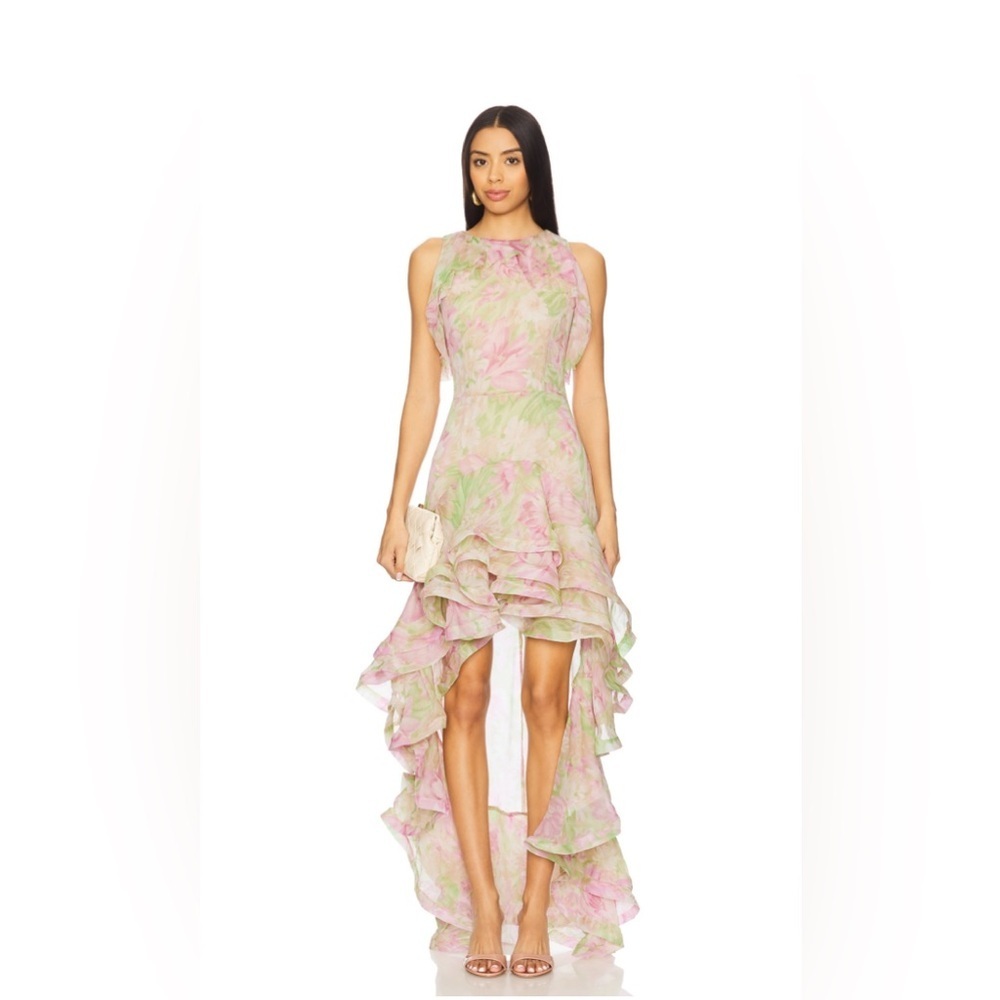 Elliatt Pink and Green Floral High-Low Ruffle Dress